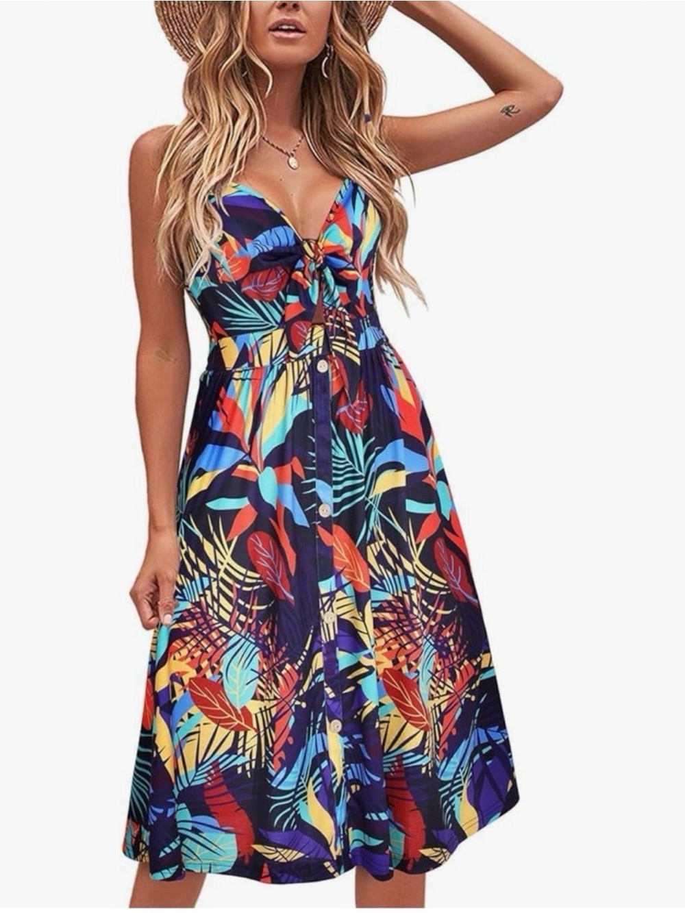 ePretty Navy Multi Tropical Tie-Front Midi Dress